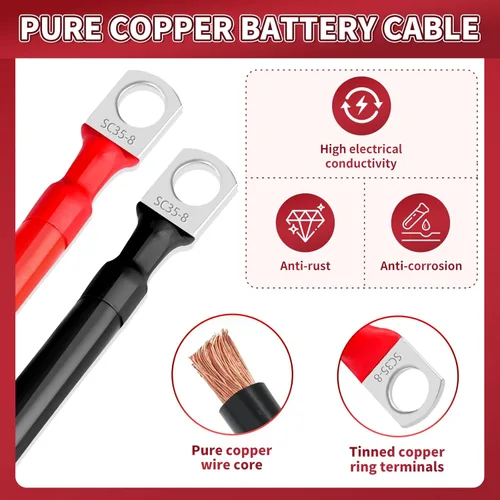 Vista 3 de Cable de batería de 4 AWG, 2 unidades, cables de batería de 11.8 pulgadas con terminales de anillo M6, cables marinos de cobre puro, cable de tierra
