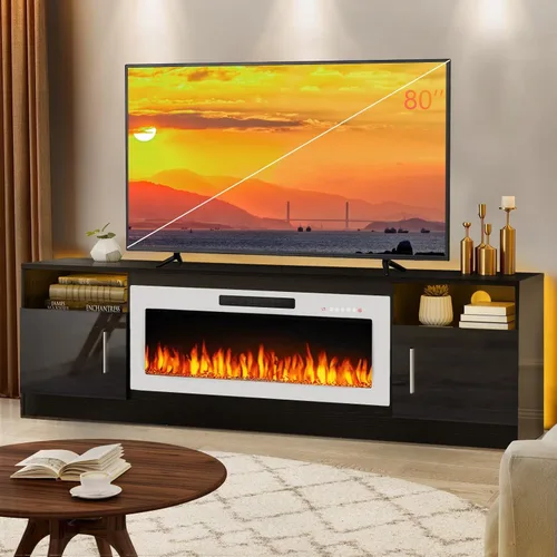 Vista 9 de Lemberi Soporte de TV para Chimenea con Chimenea de 36 pulgadas Para TVs de Hasta 80", Centro de Entretenimiento con Luz LED y Almacenamiento