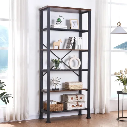 Vista 11 de HOMBAZAAR Estantería de 3 niveles, estantería industrial marrón rústico, estantería profunda de madera y metal, estantería baja para sala de estar