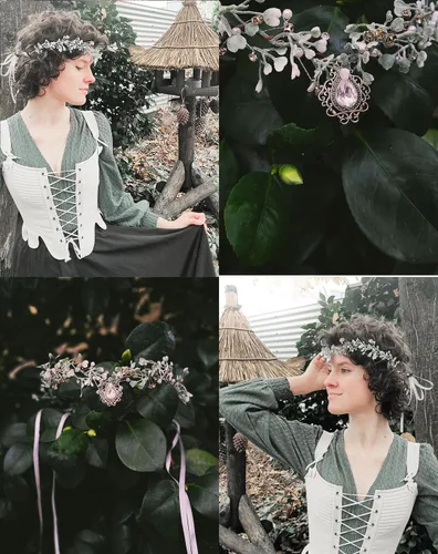 Vista 5 de MOSTORY Corona de flores de hadas para mujer, tocado de elfo con diseño floral de bosque, círculo de bosque para mujer, accesorio renacentista