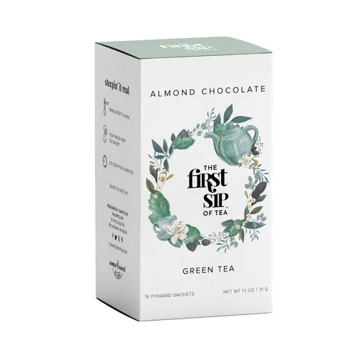 Vista 8 de Chocolate de almendras, té verde de hojas sueltas, con cafeína, caliente y helado, 80-100 tazas a granel The Spice Hut, primer sorbo de té
