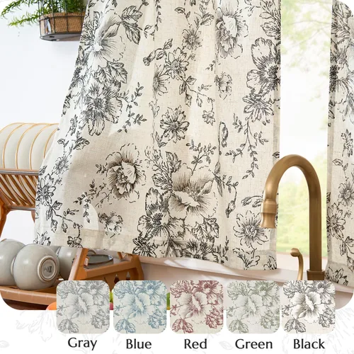 Vista 2 de Vangao - Cortinas de lino para cocina con estampado floral, cortinas de nivel de 24 pulgadas, cortinas estilo granja botánica para café, cortinas