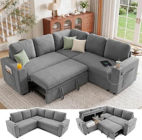 Vista 15 de Sofá cama seccional en forma de L con cama extraíble, 7 asientos Gris