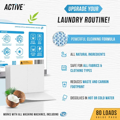 Vista 2 de Hojas de detergente para ropa, tiras de lavado ecológicas, 80 cargas, sin líquido, sin líquido, sin líquido, tira de lavandería de viaje, sábanas