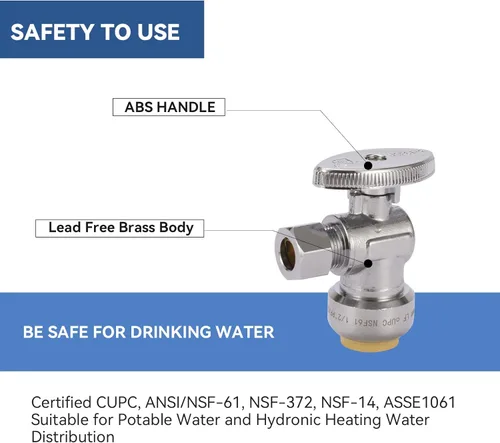 Vista 2 de Válvula de parada de ángulo de giro de 1/4, válvula de cierre de agua de compresión de 1/2 x 3/8 pulgadas con clip de desconexión, para PEX, cobre