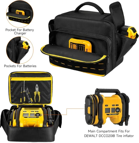 Vista 2 de Bolsa de compresor de aire compatible con el inflador de neumáticos DEWALT 20V Max (DCC020IB), funda de inflador portátil compatible