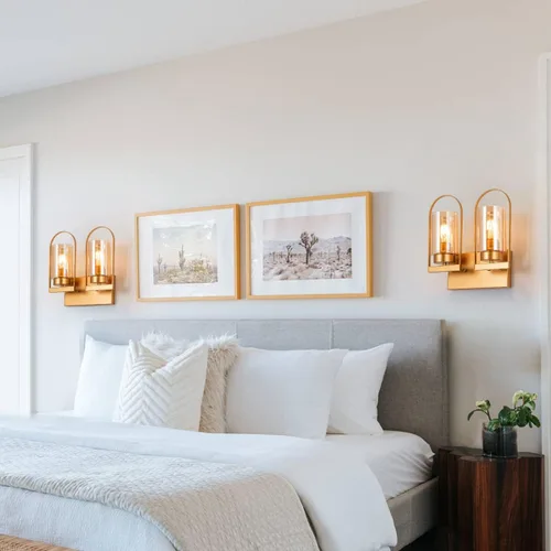 Vista 6 de simigle Lámparas de tocador de baño doradas de 2 luces, iluminación de pared moderna con cristal transparente, lámpara de pared de latón, lámpara