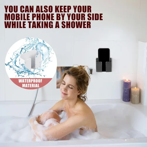 Vista 4 de CEI&BPY 2 piezas de soporte para teléfono montado en pared, soporte para teléfono con autoadhesivo. Soporte para teléfono para carga de RV. Negro