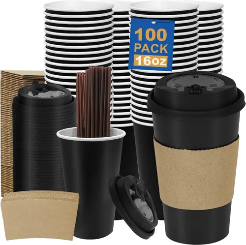Vista 16 de Paquete de 50 Tazas de Café de 16 oz con Tapas y Fundas, Pajitas, Vasos de Papel Desechables Calientes Para Llevar de Viaje a Granel para Oficina