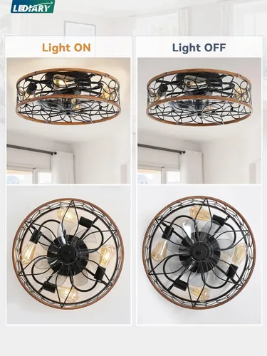 Vista 6 de Ventiladores de techo enjaulados con luces LEDIARY, ventilador de techo de granja de montaje empotrado con control remoto, ventilador de techo