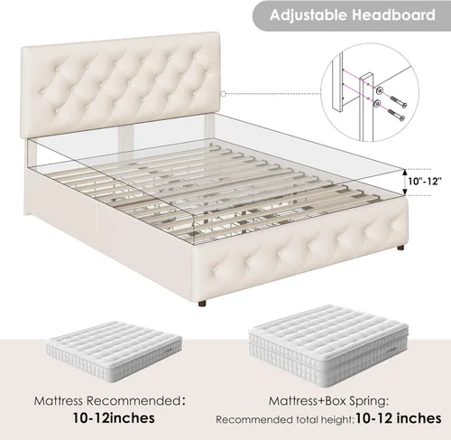 Vista 6 de Keyluv Moderna base de cama tapizada con 4 cajones, diseño de cabecera copetuda con botones, soporte de listones de madera maciza, fácil montaje