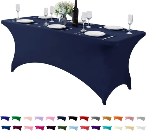 Vista 140 de Paquete de 2 manteles de elastano para mesa de 4, 6 o 9 pies, mantel elástico universal ajustable para fiestas, banquetes, bodas y eventos