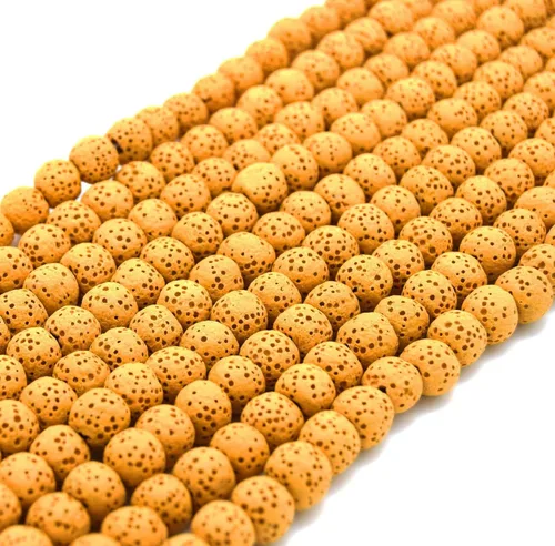 Vista 3 de Cuentas de lava redondas de color amarillo mostaza de 0.551 in para fabricación de joyas y aromaterapia