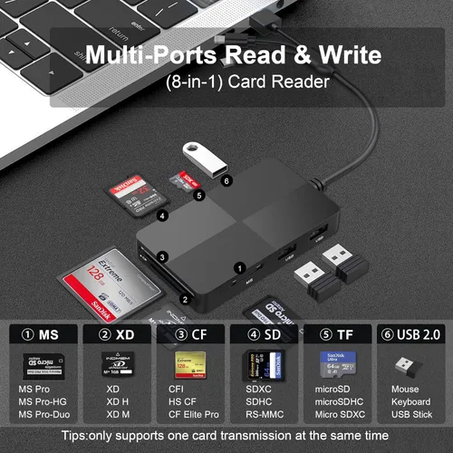 Vista 3 de Lector de tarjetas de memoria 8 en 1 con 3 puertos USB, adaptador Lightning/USB-C/USB-A para iPhone/Android/PC/Mac, compatible con tarjetas