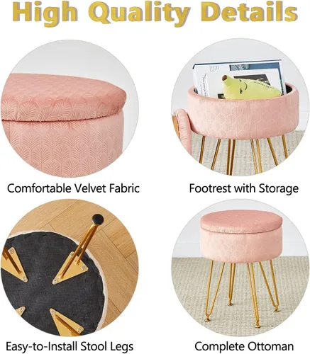Vista 4 de Cpintltr Taburete de Terciopelo con Almacenamiento con Tapa Desmontable Redonda, Taburete de Sofá, Reposapiés con Asiento Acolchado, Estilo Moderno
