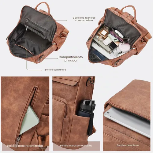 Vista 4 de Mochila antirrobo para mujer, mochila convertible 3 en 1 de cuero vegano con cremallera oculta, hombro ajustable y bolsa cruzada para viajes