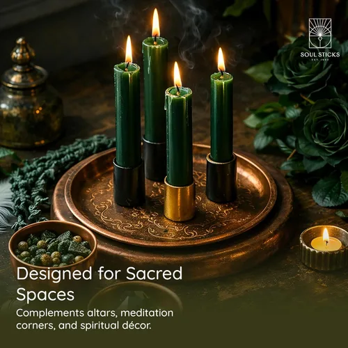 Vista 6 de SOUL STICKS Paquete de 20 velas cónicas Prosperity Magic Spell Chime - Ideal para altar, rituales, ceremonias, velas verdes de meditación sin