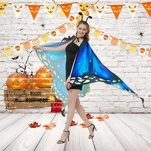 Vista 6 de Disfraz de alas de mariposa para mujer, alas de hada, disfraz de Halloween, capa de mariposa con máscara y diadema de antenas