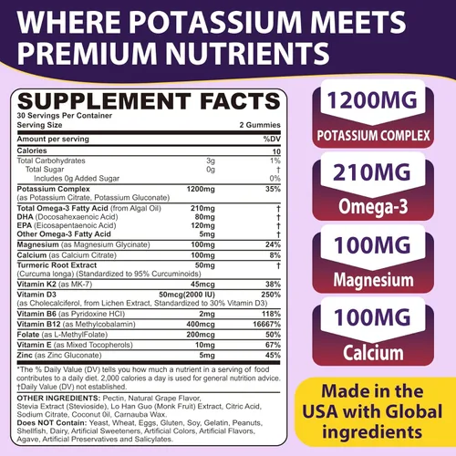 Vista 2 de Suplemento de citrato de potasio y gluconato de potasio, 1200 mg de dos formas de gomitas de potasio, con magnesio, omega-3, calcio, vitamina D3 K2