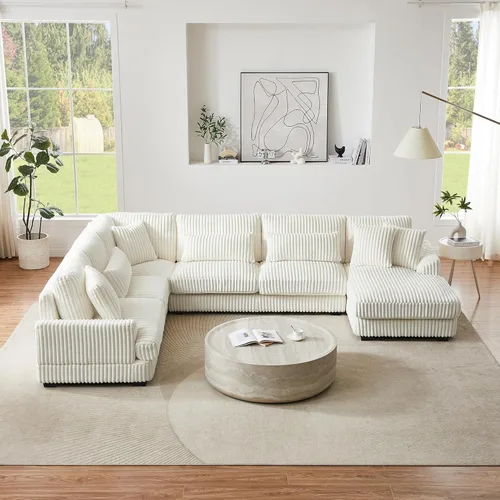 Vista 18 de Sofá modular de gran tamaño con otomana, lujoso juego de sofá modular en forma de L, sofá modular reversible de 7 plazas para sala de estar y beige