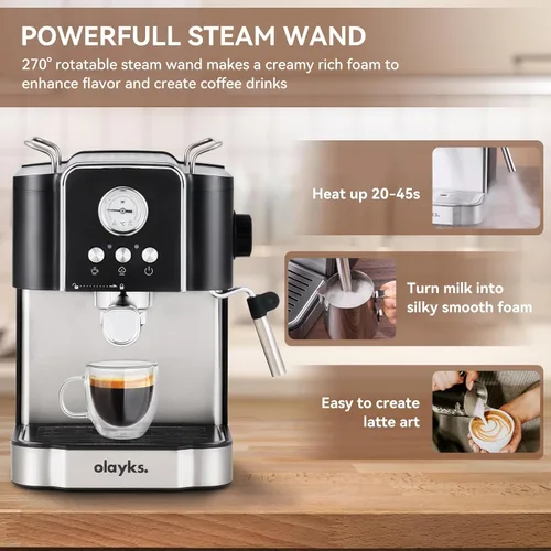 Vista 4 de Máquina de café espresso de 20 bares, cafetera espresso profesional con espumador de leche, varita de vapor para café con leche, capuchino, cafetera