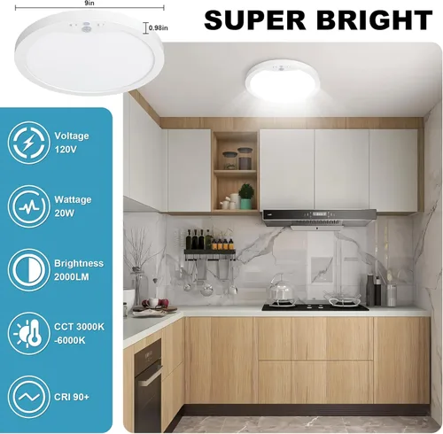 Vista 5 de NEWKAZ Lámpara de techo con sensor de movimiento de 9 pulgadas cableada, 20 W, luz de techo LED de montaje empotrado para interiores, 3000K 4000K