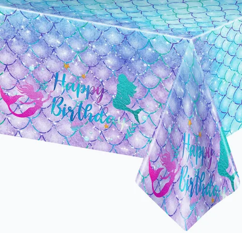 DaiUni 1 mantel de cumpleaños de sirena para decoración de fiesta de cumpleaños, funda rectangular desechable de plástico para suministros de fiesta
