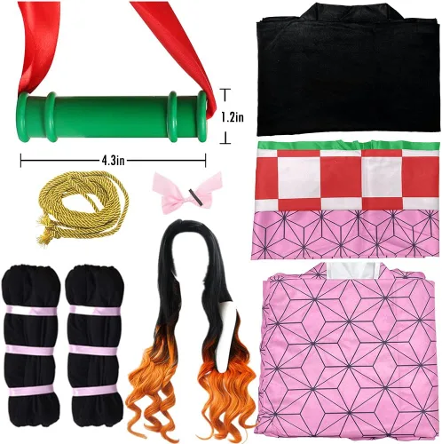 Vista 2 de Kaherdin Conjunto completo de disfraz de Kamado para mujer, kimono, anime, cosplay, conjunto completo con peluca