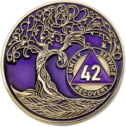 Vista 188 de 1 año Sobriety Mint Twisted Tree of Life Medallón de recuperación AA chapado en oro, chip/ficha - negro