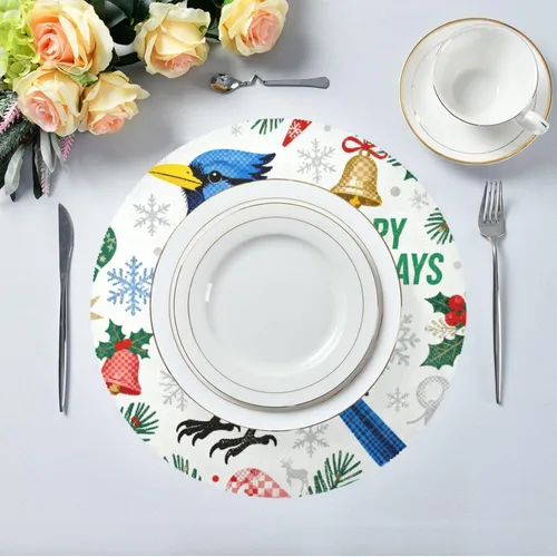 Vista 5 de Merry Christmas Robin Round Placement placemats and Coasters for Dining Table Set of 4 15x15 in mantelitos individuales para mesa