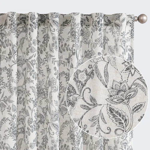 Vista 11 de Lazzzy Cortinas de Lino Estilo Granja Estampado Floral Negro de 63 Pulgadas de Largo, Cortinas con Pestaña Trasera para Sala de Estar y Dormitorio