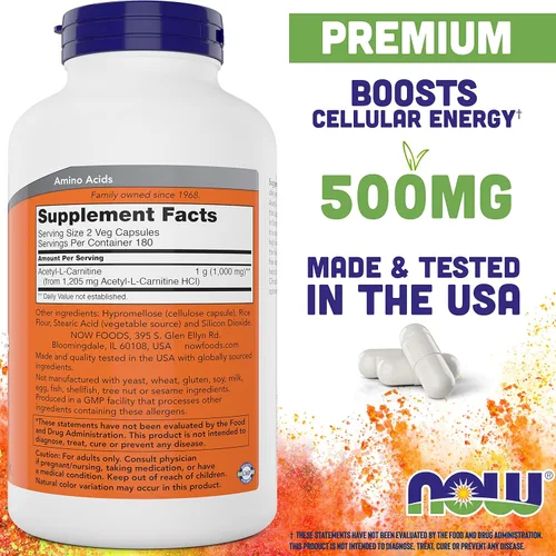 Vista 2 de NOW Foods Now Acetil L Carnitina 500 mg, 360 cápsulas vegetales - ACL sin OMG 500 mg Caps