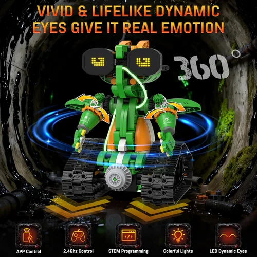Vista 3 de Juguetes de Construcción de Robot STEM para Niños de 6 a 12 años, Kits de Construcción de Tractor y Rana de 5 en 1 con App y Control Remoto, Set
