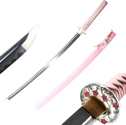 Espada Yu Qin, Katana de espiga completa de 41 pulgadas, acero al carbono japonés T10 hecho a mano templado con arcilla con vaina rosa, hamon real