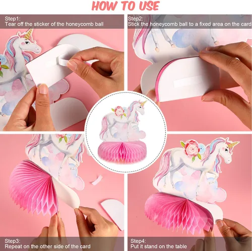 Vista 4 de Outus Centro de mesa de panal de unicornio arcoíris de 9 piezas para decoración de mesa, decoración brillante, suministros de fiesta de cumpleaños