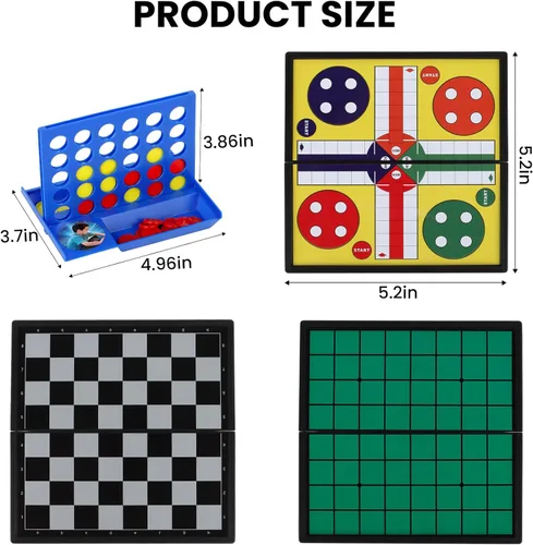 Vista 2 de Juego de mini juegos de mesa magnética 5 en 1 con 4 tableros de ajedrez plegables y 5 juegos de piezas de ajedrez, juegos de damas con bolsa