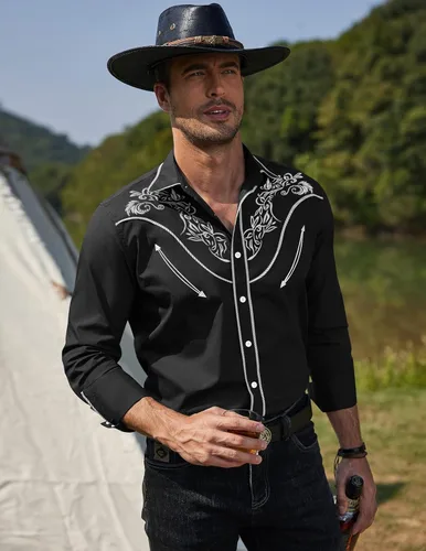 Vista 2 de COOFANDY Camisa vaquera occidental para hombre, manga larga, ajustada, bordada, de algodón, casual, con botones