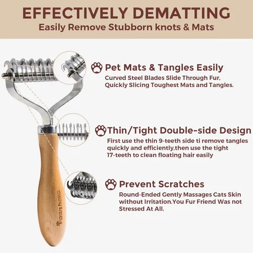 Vista 6 de Rastrillo de capa interior para perros, peine profesional para desenmascarar mascotas con mango de madera, cuchillas de acero inoxidable