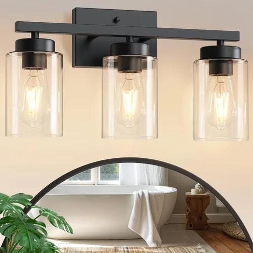 Vista 9 de IZORRO Moderna lámpara de baño, 3 luces doradas cepilladas, accesorios de iluminación de baño sobre espejo con vidrio transparente para sala