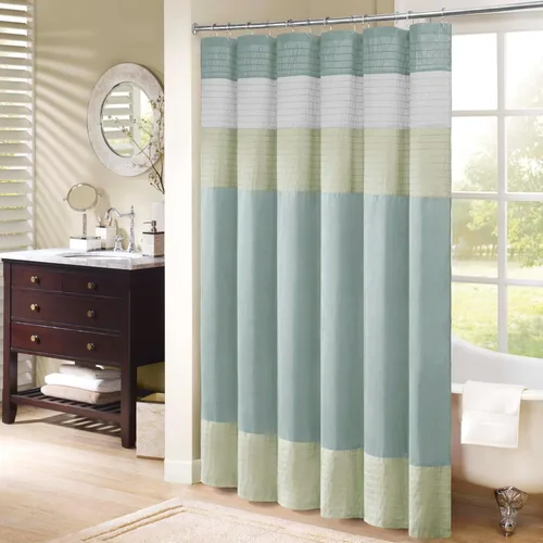 Vista 13 de Madison Park Amherst Cortina de Ducha para Baño de Seda Sintética con Piezas a Rayas Moderna de Microfibra, 72x72 Pulgadas, Aqua