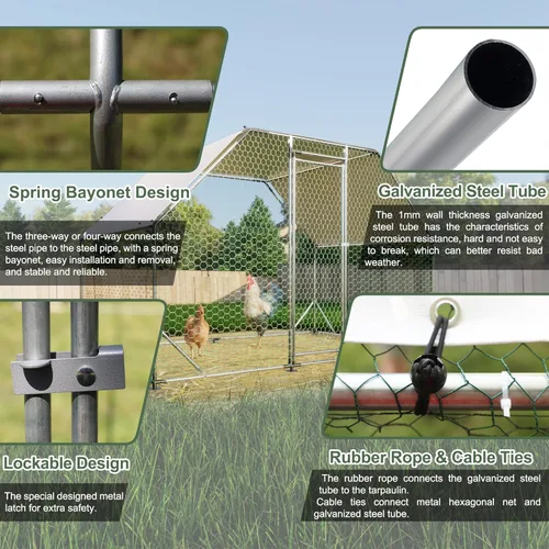Vista 2 de Gallinero grande de metal con cubierta impermeable, jaula de pollos de entrada para 6/10 pollos, conejos, patos, corral al aire libre