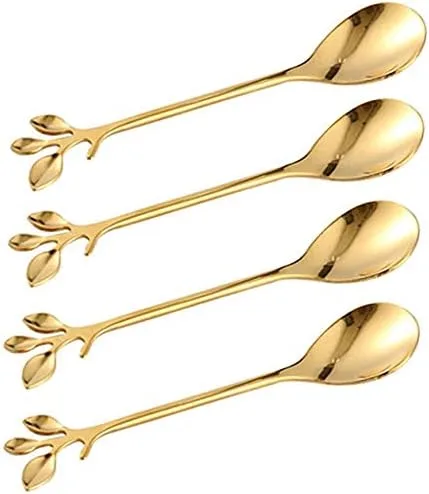 Vista 3 de Juego de 12 cucharas de café de acero inoxidable con hojas doradas, cucharas de postre, cucharas de té y azúcar, juego de cucharas para helado