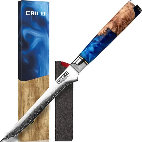 CRICO - Cuchillo deshuesador de 5.5 pulgadas, cuchillos flexibles para filetear, VG10 de Damasco de acero super forjado de 67 capas, mango de madera