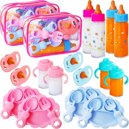 Vista 8 de Juego de 13 Piezas de Accesorios para Muñecas de Bebé con Biberones Mágicos, Juego de Juguetes de Alimentación de Simulación con Empaque, Juego