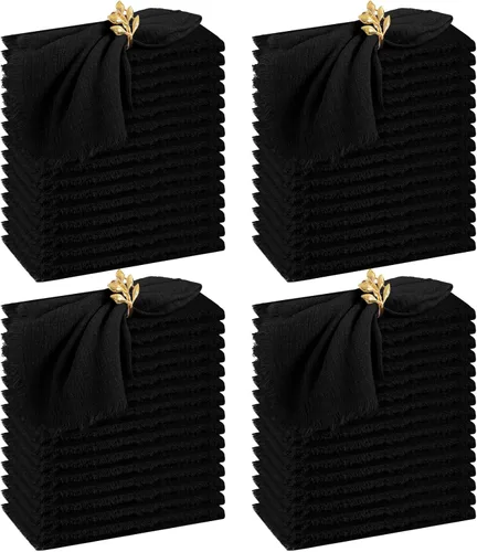 Paquete de 60 servilletas de tela hechas a mano con flecos, servilletas de lino de algodón negro, servilletas de cena de algodón rústico suave