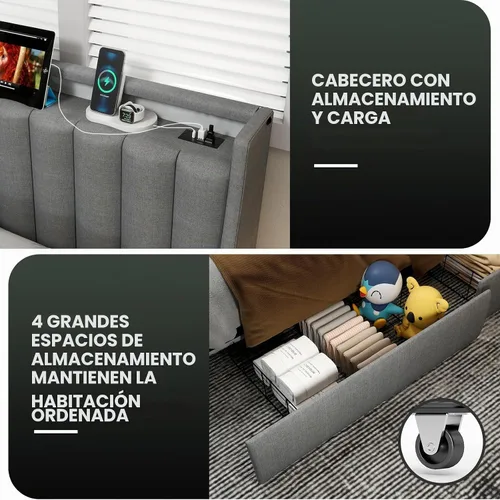 Vista 5 de UINTAI Marco de cama tamaño completo con cabecero y 4 cajones de almacenamiento, cama de plataforma metálica tapizada con respaldo abatido y luces