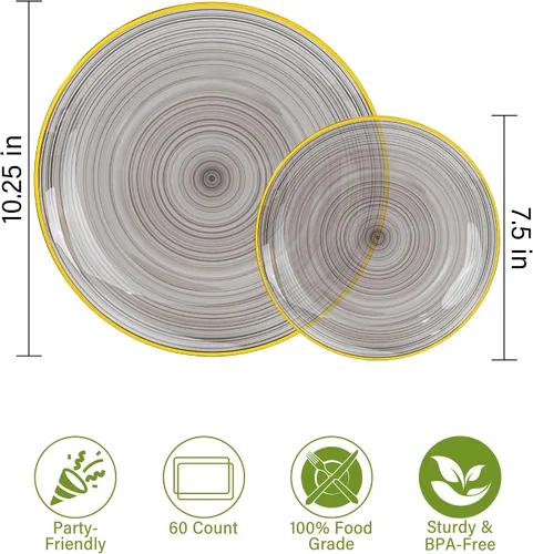 Vista 3 de Morejoy - 100 platos de plástico negro, platos desechables negros con borde dorado Black and Gold Plastic Plates, Modern swirl design Plates