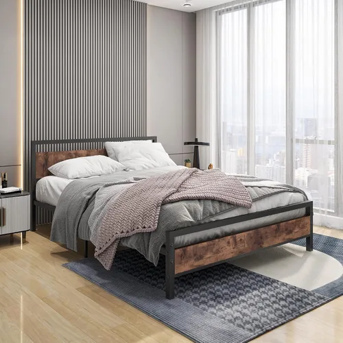 Vista 15 de BOFENG Marco de cama Queen con cabecera de madera, base de cama de plataforma resistente, no necesita somier, base de colchón de listones de acero