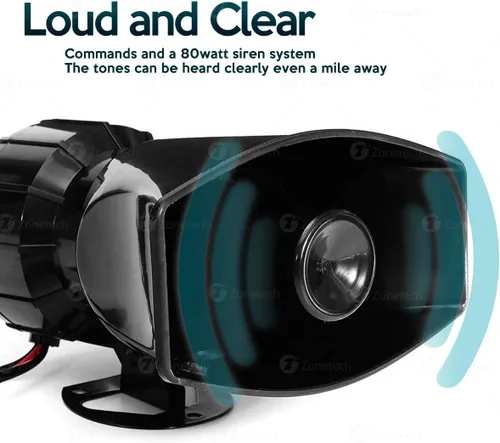 Vista 2 de Zone Tech sistema eléctrico de micrófono con amplificador de potencia y sonido de tráfico/sirena de ambulancia, alarma de incendio, bocina, sonidos