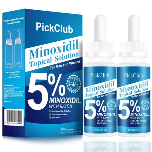 5% Minoxidil with Biotin for Men and Women – Hair and Beard Regrowth Serum, Unisex, Gentle, 2-Pack (Total 4.06 fl oz)